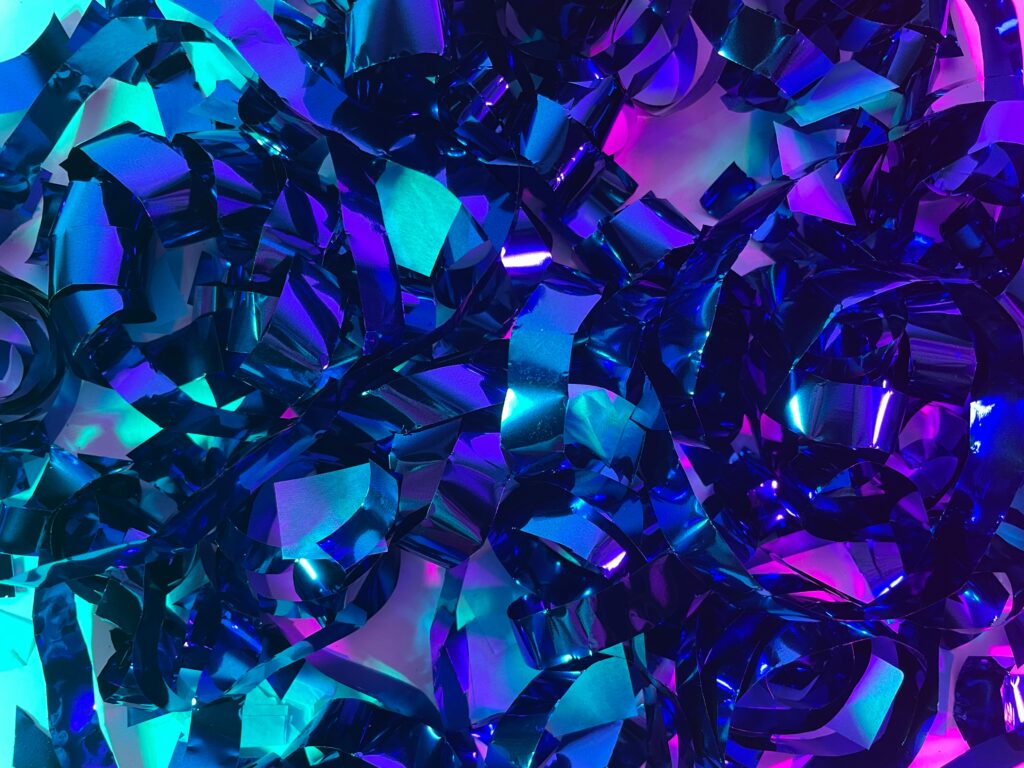 Blue and purple ribbon that is tangled